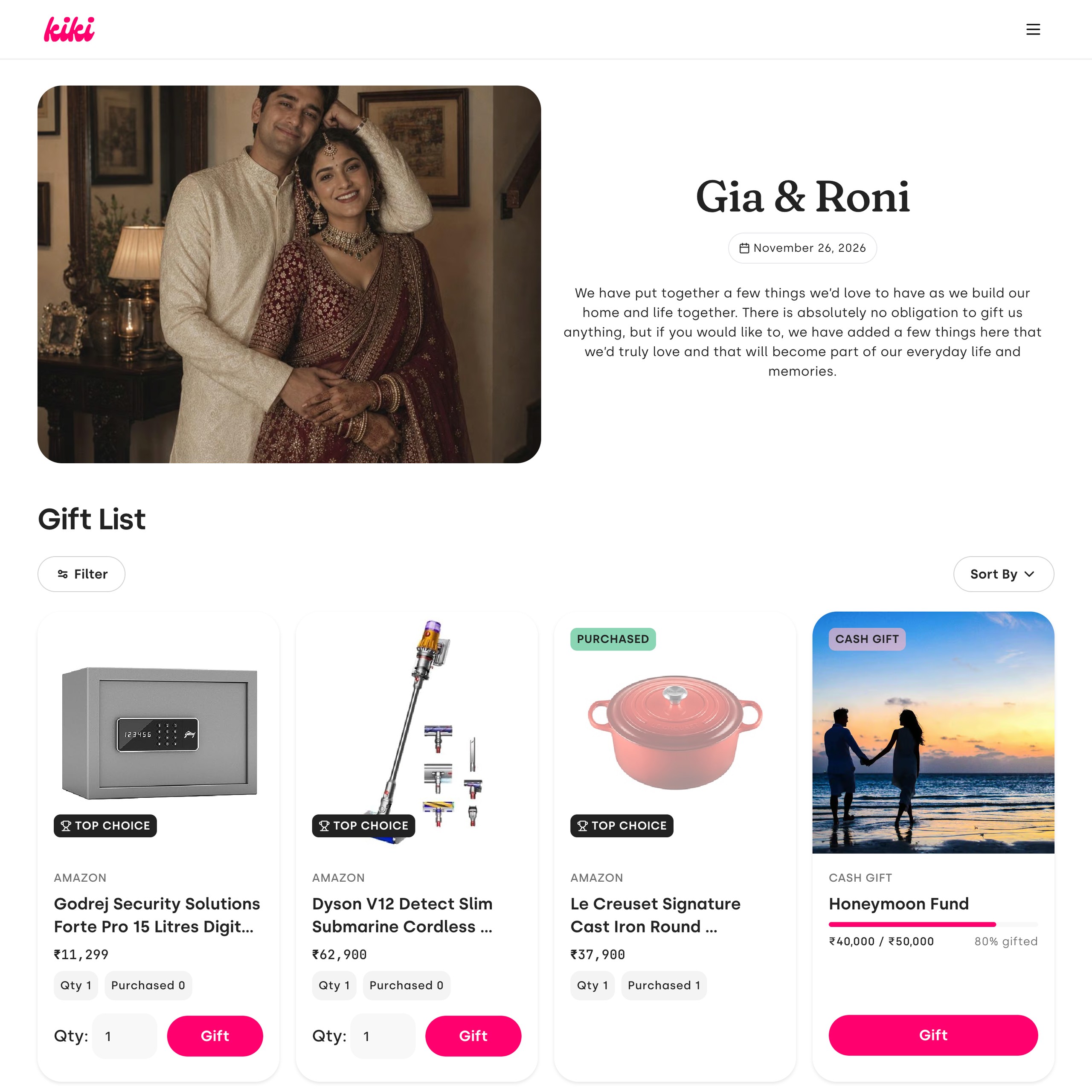Preview of the Gia & Roni wedding registry on Kiki